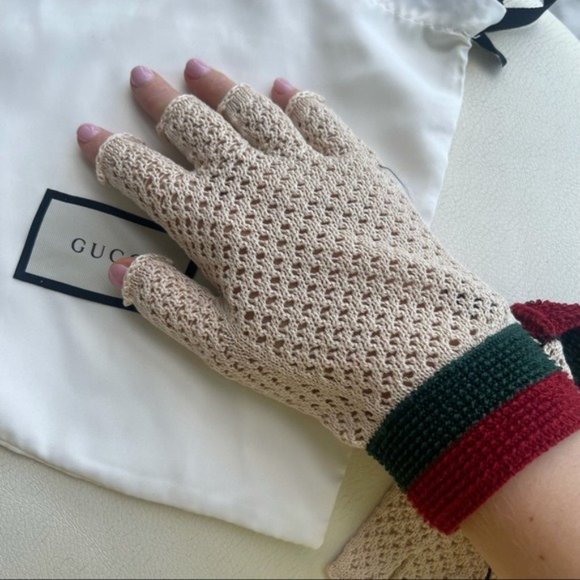 NEW GUCCI GLOVES CROCHET Fingerless Web Red Green - Picture 4 of 8